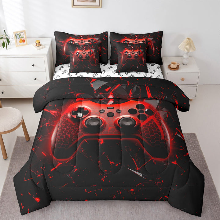 Gamer 7Pcs Comforter Set Twin Size,Gamepad Fitted Flat Sheet,Teens Video Games Bedding Set,Black Red Geometric Honeycomb Gaming 2 Throw Pillow Cartoon Game Reversible Decor,2 Pillowcases