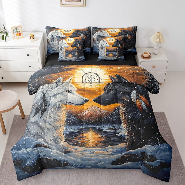 Wolf Twin Bedding Set 7 Pieces,Black White Wolves Tribal Feather Dreamcatcher Comforter Set with Sheets,Jungle Wild Animal Snowy Lake Mount Sunset View Bed Set in a Bag with Pillow Covers