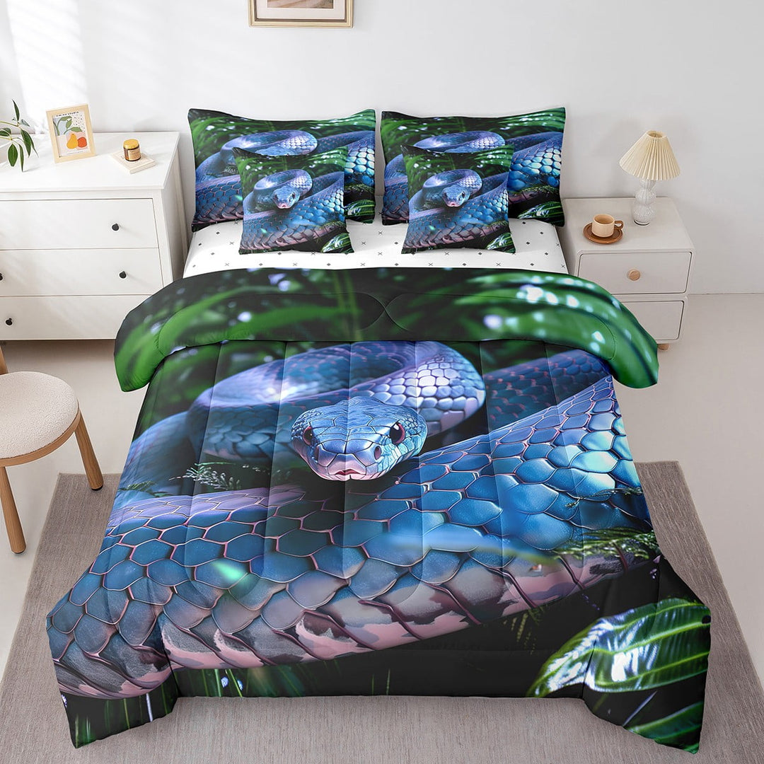 Snake 7 Piece Bed in a Bag Twin,Blue Snake Comforter Set Man,3D Reptile Sheet Set Tropical Bed Set,Blue Scales Quilt Set,Palm Leaf Wild Animal Wildlife Bedding Set