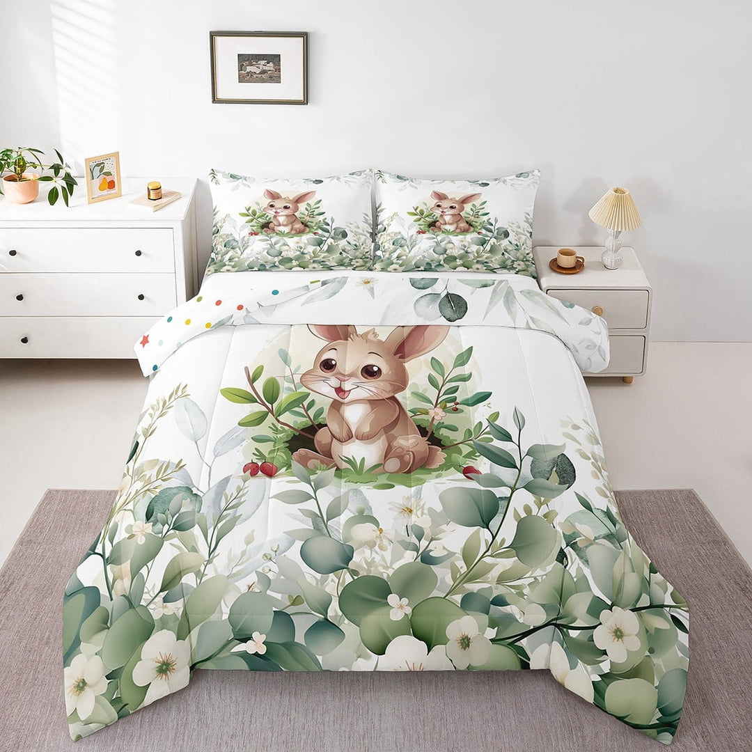 Erosebridal Kawaii Rabbit Twin Size Comforter Set Cartoon Bunnies Bedding Set, Eucalyptus Leaves Down Comforter Jungle Wildlife Animals Bed Set, Tropical Botanical Plants Quilted Duvet