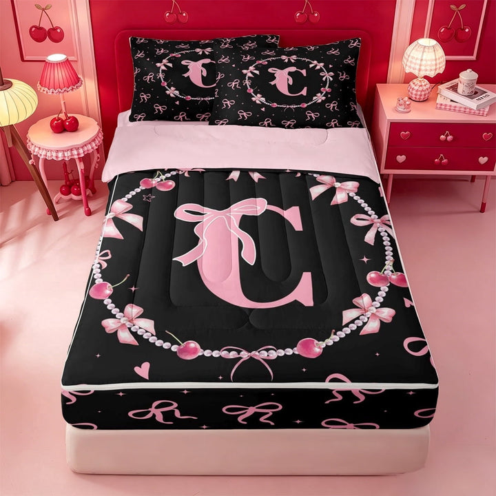 meiyoeat Pink Bow Monogrammed C Zipper Twin Comforter Sets with Fitted Sheet and 2 Pillowcases,3D Cartoon Pearl Zipper Bedding Set For Girl,Pink Reversible,4 Pieces