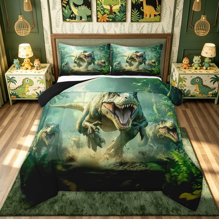 meiyoeat Dinosaur Animals Full Size Comforter Sets for Kids Boys, Jungle Scene Bedding Comforter Set for Bedroom, Green, Black Reversible, 3 Pieces