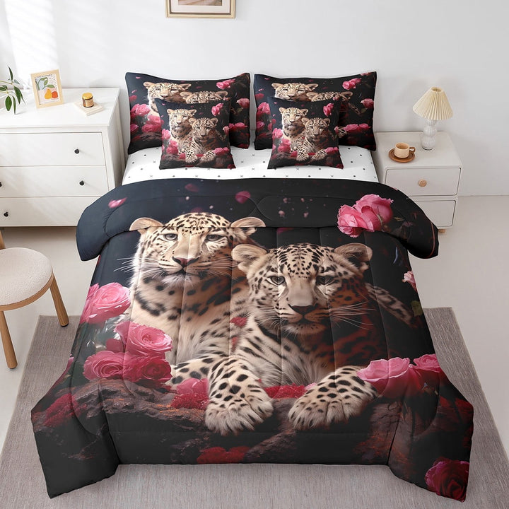 Cheetah Bed in a Bag Queen Comforter Set 7 Piece,Pink Rose Flowers Bedding Sets Leopard Print Fitted Sheet,Romantic Flowers African Animals Sheet Set with Comforter