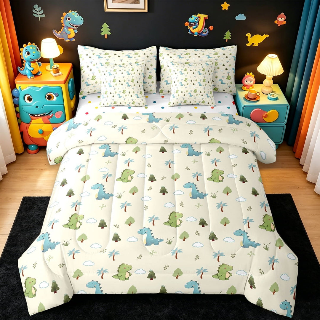 jejeloiu Cartoon Dinosaur Twin Bedding Sets 7-Piece,Wild Animal Bedding Comforter Set,Tropical Botanical Tree Sheet Sets For Boys Kids,Super Cozy Room Decor Reversible