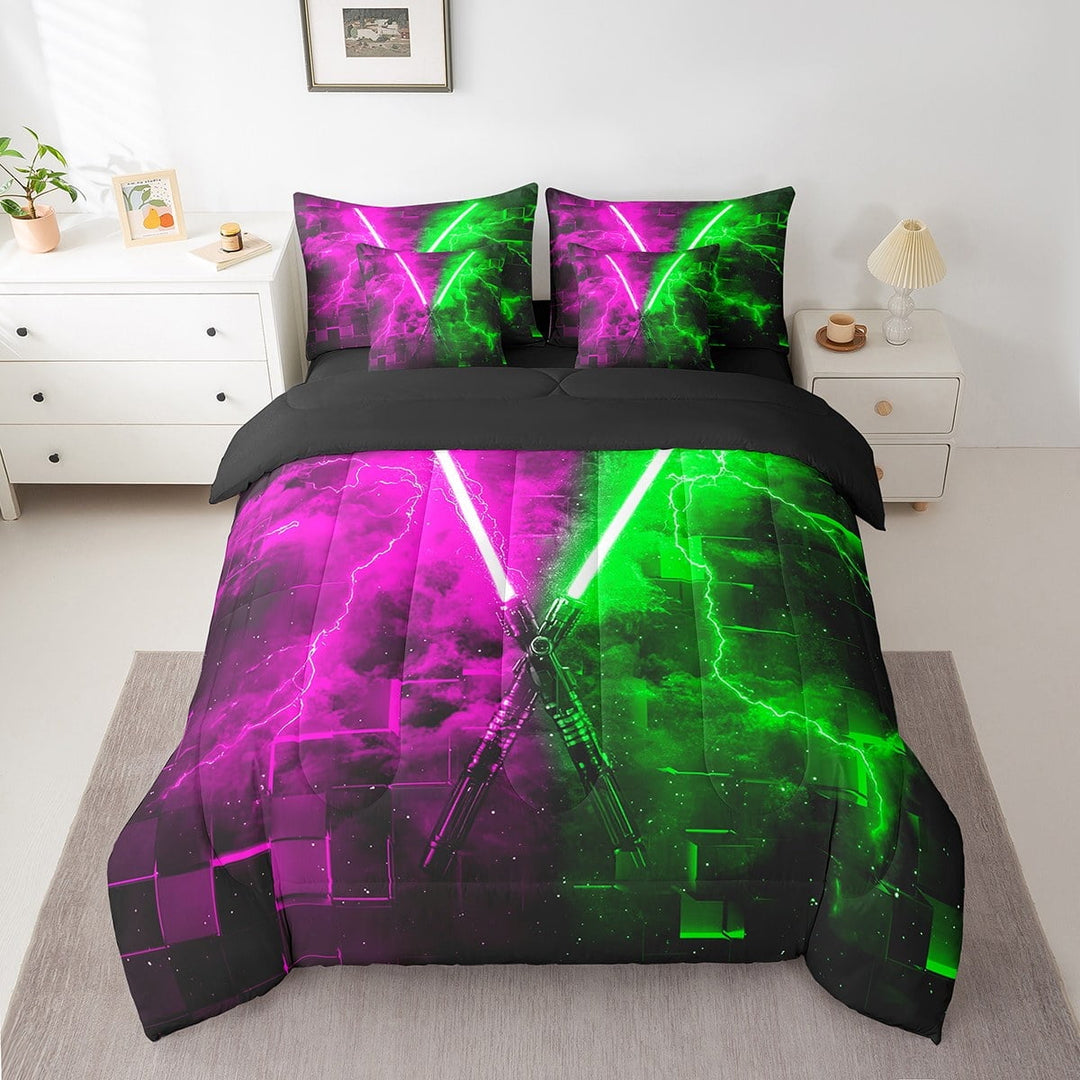 Erosebridal Neon Lightning Bedding Twin Size, Green Purple Geometry Bed in a Bag Twin size, Lightning Decor, Reversible