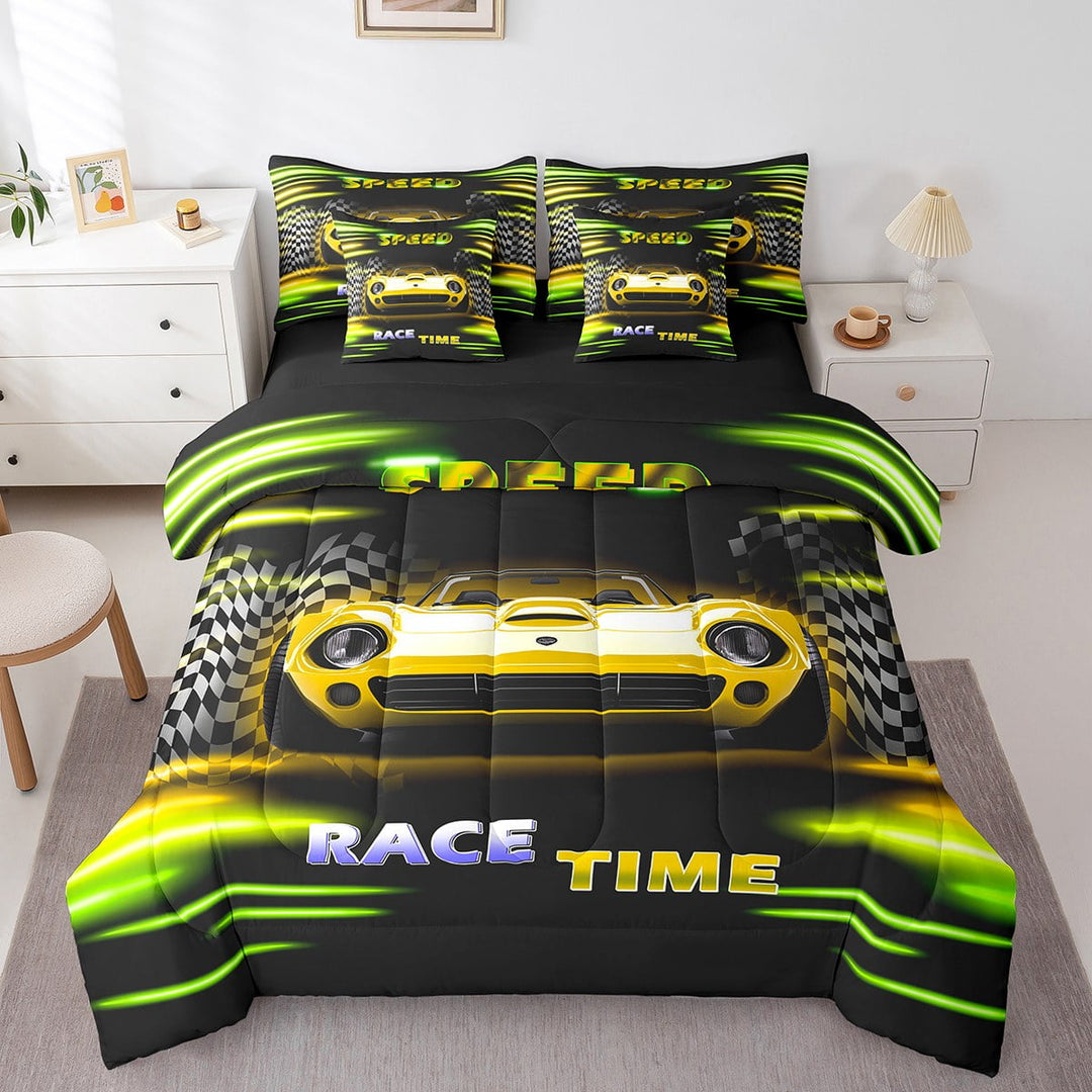 Erosebridal Fast Car Bedding Sets Twin Size,Yellow Green Comforter Sets with Sheets,Car Theme Bed in a Bag Twin size,Microfiber Geometric Room Decorative,Reversible,7pcs