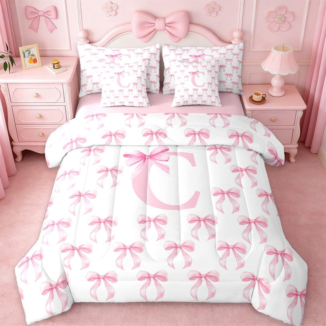 Erosebridal Girly Bow 7-Piece Twin Bedding Sets For Kids,Pink Letter D Personalized Initial Bedding Comforter Set,Pink Reversible