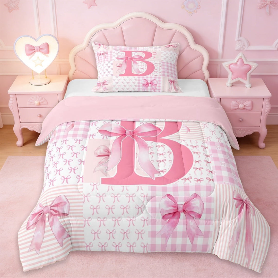 Erosebridal Bowknot Initial Alphabet B Twin Comforter Sets,Pink Patchwork Geometric Plaid Bedding Set For Kids Girls,Pink Reversible,2 Pieces