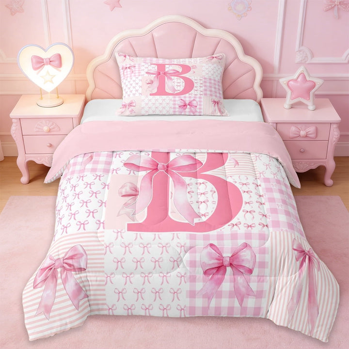 Erosebridal Bowknot Initial Alphabet B Twin Comforter Sets,Pink Patchwork Geometric Plaid Bedding Set For Kids Girls,Pink Reversible,2 Pieces