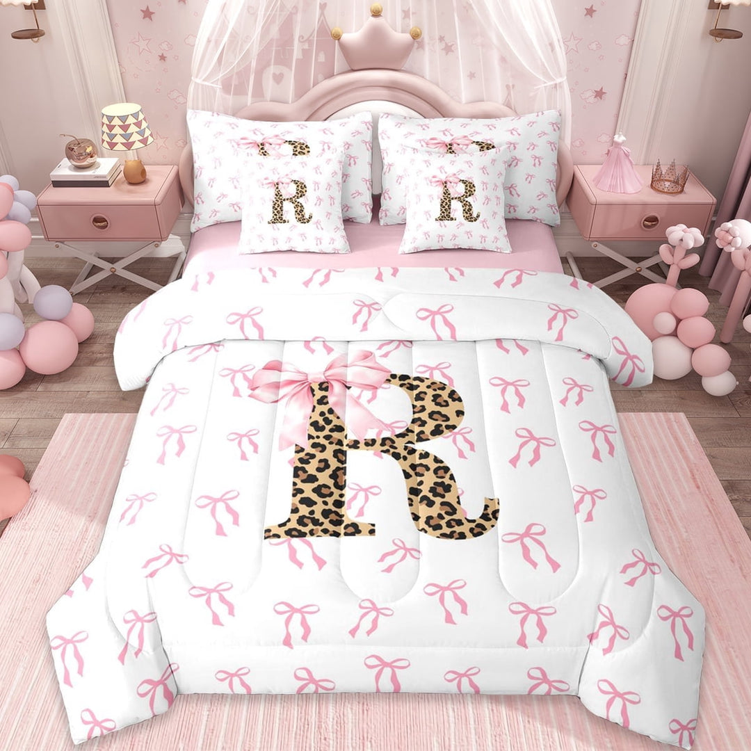 Erosebridal Chic Leopard Pattern 7-Piece Twin Bedding Sets,Brown Alphabet R Bedding Comforter Set For Bowknot Girls,Reversible