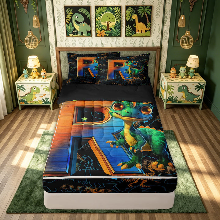 meiyoeat Dinosaur R Initial Zipper Comforter Set with Fitted Sheet and 2 Pillowcases, Cartoon Animals Zipper Bedding Set for Boys Girls, Black Reversible, 3pcs