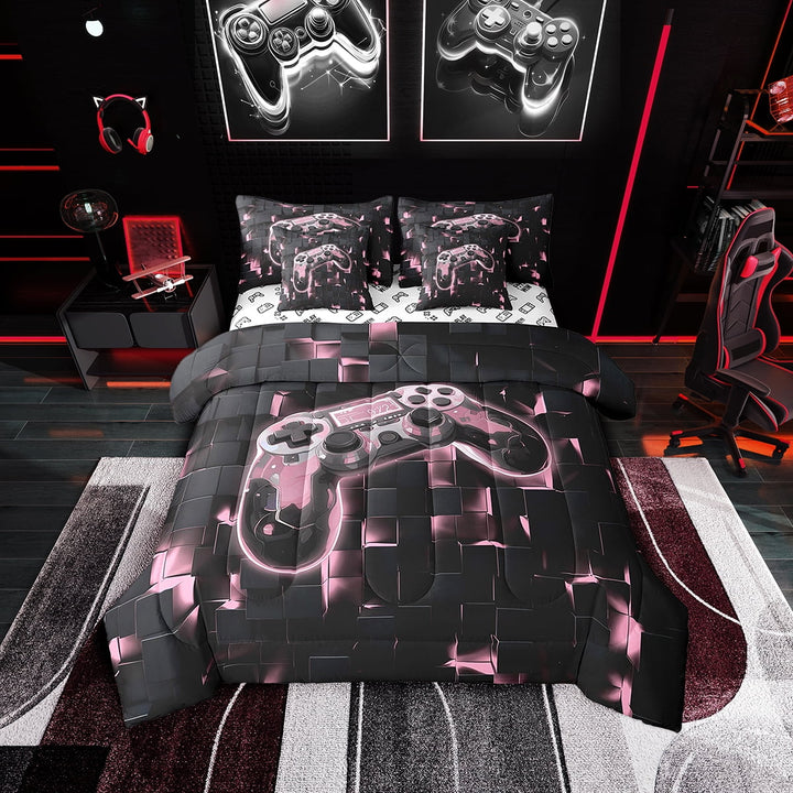 Gamer Bedding Twin Size Game Console Comforter Set 3D Black and Pink Gamepad Gaming Bed Comforter Sets Cool Reversible Gamer Controller Duvet Set with Sheets (7-Piece, Twin)
