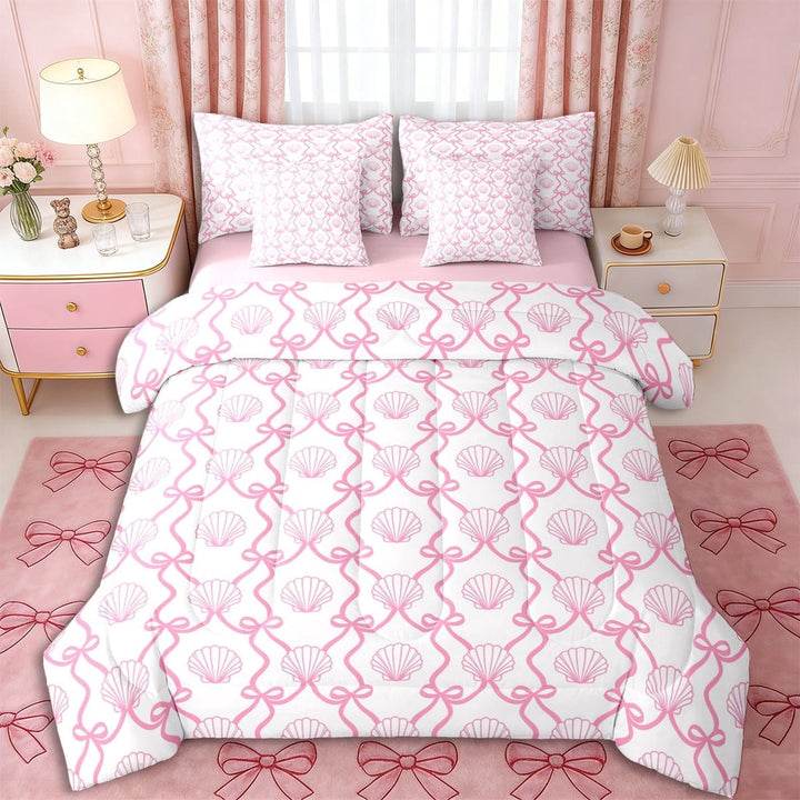 Erosebridal Kawaii Seashell Bowknot Twin Bedding Sets 7-Piece for Kids Girls,Teens Cute Bow Stripes Bedding Comforter Set,Pink Reversible,Luxury Bedroom Decor