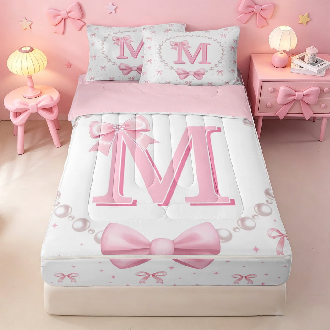 meiyoeat Chic Bow Tie Zipper Full Size Comforter Sets with Fitted Sheet and 2 Pillowcases For Bowknot Girls,Pink Initial Letter M Zipper Bedding Set For Kids,Pink Reversible,4 Pieces