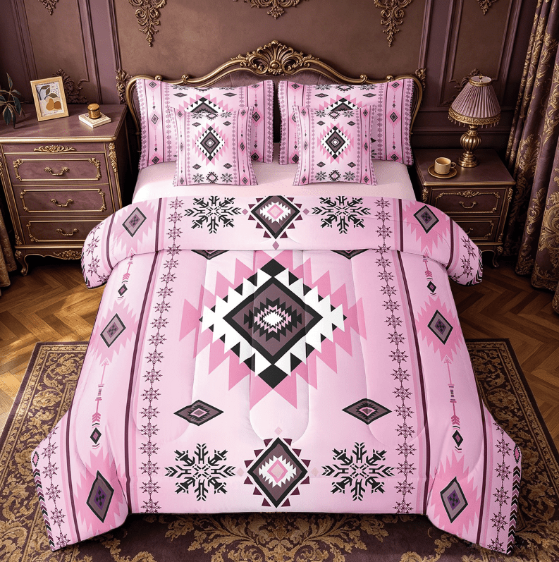 Manfei Pink Boho bohemian Twin Bedding Sets 7pcs,Aztec Floral Bedding Comforter Set 7pcs,bohemian Geometric Sheet Sets,Breathable Room Decorative Reversible