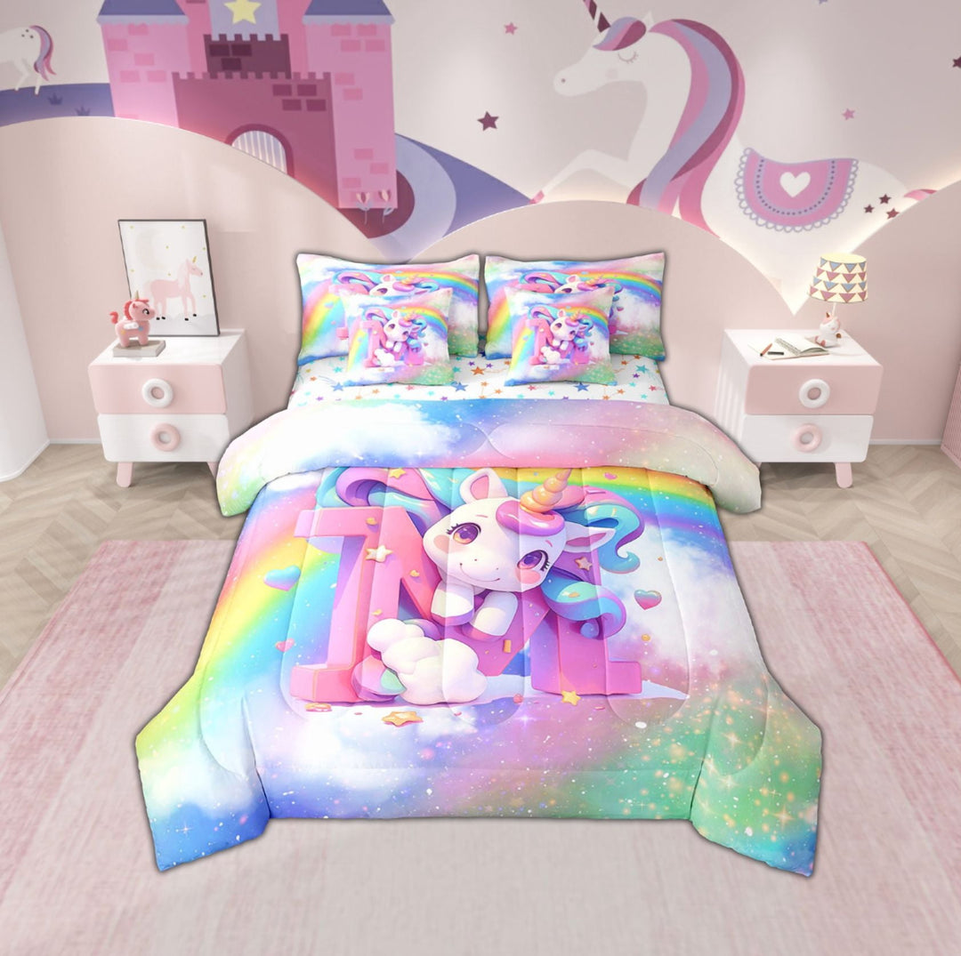 Erosebridal Initial M Letter Bed in a Bag Twin size, Floral Unicorn Bed Set, Raibow Print Reversible Bedding Twin Size, Ultra Soft Room Decorative, 7 Pieces