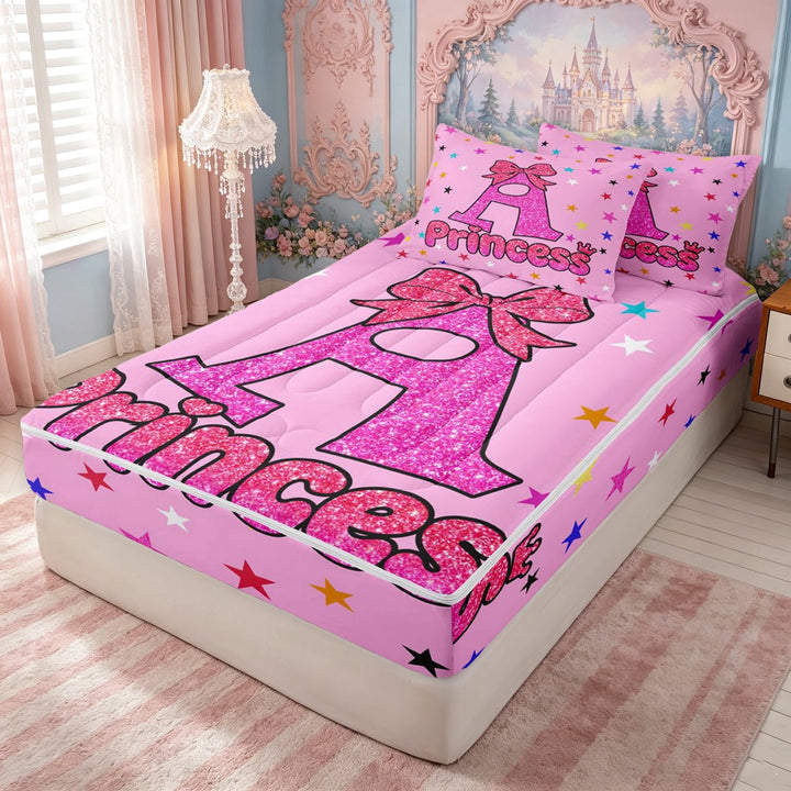 meiyoeat Glitter Princess Letter A Print Zipper Twin Comforter Sets with Fitted Sheet and 2 Pillowcases for Girls, Pink Star Bow Zipper Bedding Set, Pink Reversible, 4pcs