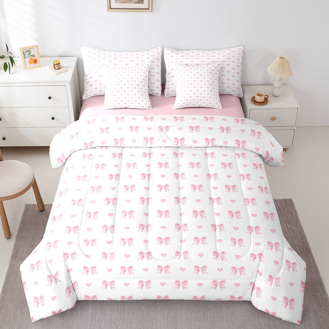 Erosebridal Catroon Bowtie Bedding Sets Twin Size,Heart Print Comforter Sets with Sheets,Pink White Bed in a Bag Twin Size For Girls,Super Cozy Bedroom Decoration Reversible,7-Piece