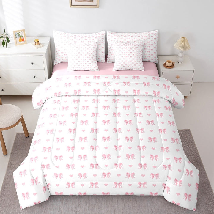 Erosebridal Catroon Bowtie Bedding Sets Twin Size,Heart Print Comforter Sets with Sheets,Pink White Bed in a Bag Twin Size For Girls,Super Cozy Bedroom Decoration Reversible,7-Piece