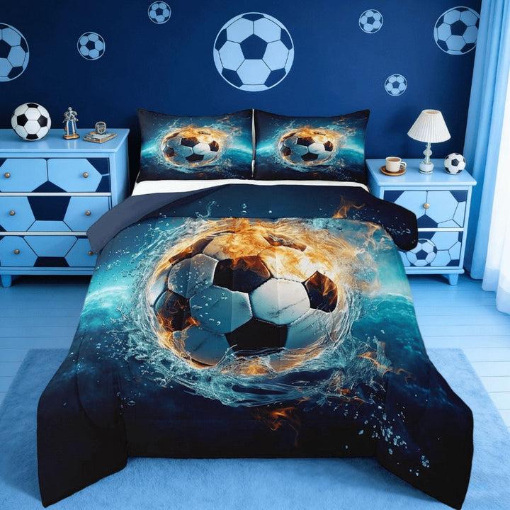 Manfei Soccer Ball Gamer Full Size Comforter Sets,Kids Blue Football Bedding Sets For Boys Girls Teens Sports Themed Reversible 3-Piece