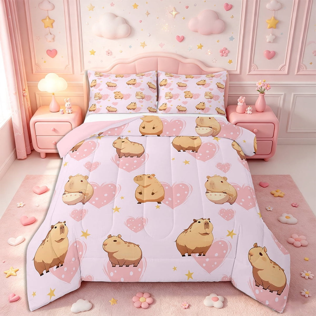 Erosebridal Capybara Comforter Set,Cartoon Animal Bedding Set,Pink Love Heart Reversible Duvet Insert,Cute Capybara Quilt with 2 Pillowcases for Bedroom,Full