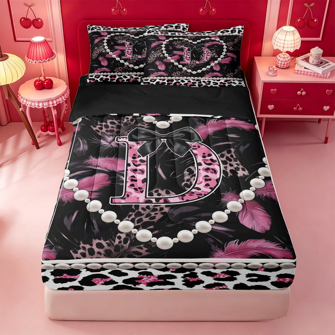 meiyoeat Fashion Leopard Pattern Zipper Full Size Comforter Sets with Fitted Sheet and 2 Pillowcases For Cheetah Lovers,Pink Initial Letter D Zipper Bedding Set,4 Pieces