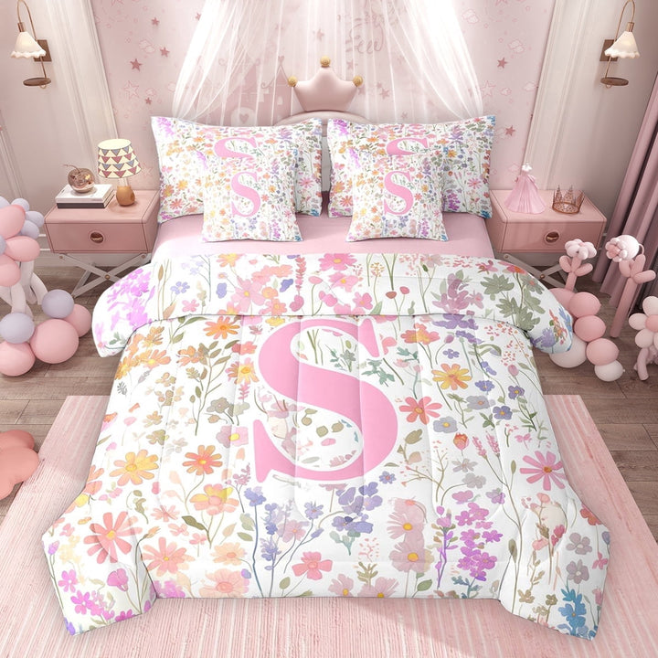 Erosebridal Girls Pink Flower Twin Bedding Sets, Garden Floral Bedding Comforter Set, Personalized Initial S, Pink Reversible, 7-Piece