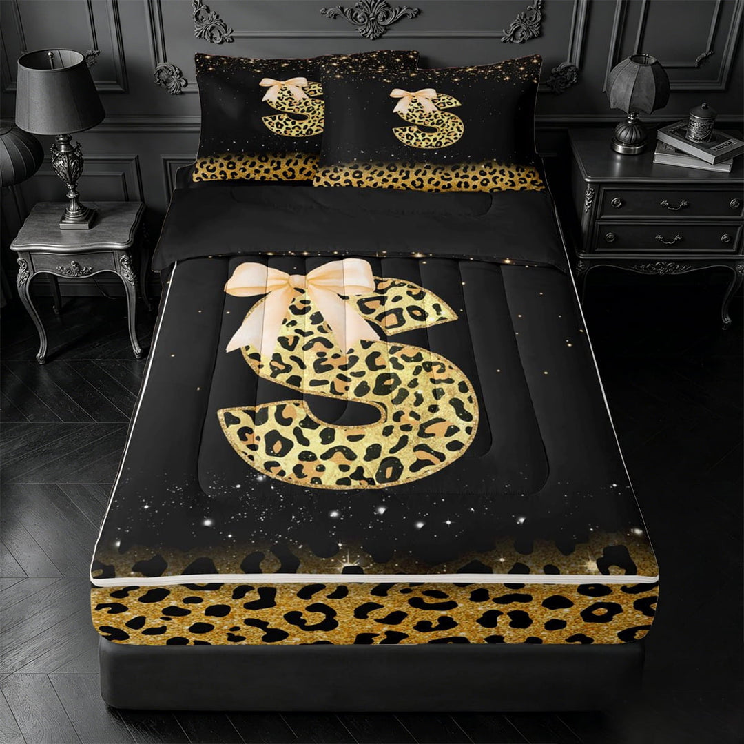 meiyoeat Leopard Sequin Initial S Print Zipper Full Size Comforter Sets with Fitted Sheet and 2 Pillowcases,Girly Bow Kids Zipper Bedding Set For Girl,Black Reversible,4-Piece