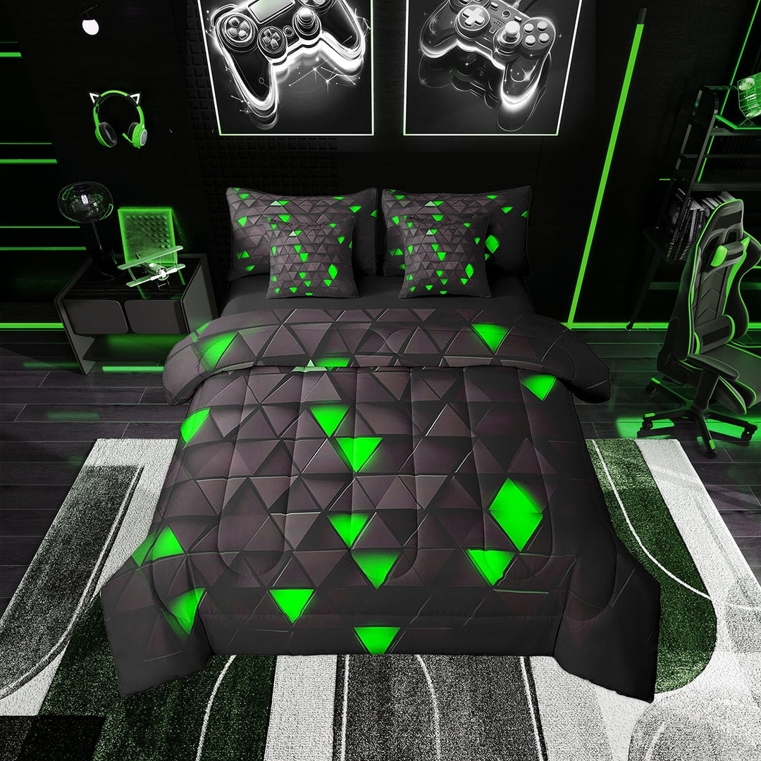 Erosebridal Green and Black Comforter Set With Sheets7 piece Triangle Bedding Set Twin Size Geometric Bed in a Bag Modern Bed Set with Comforter,Sheets,Pillowcases
