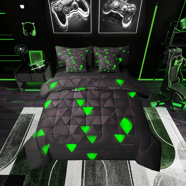 Erosebridal Green and Black Comforter Set With Sheets7 piece Triangle Bedding Set Twin Size Geometric Bed in a Bag Modern Bed Set with Comforter,Sheets,Pillowcases