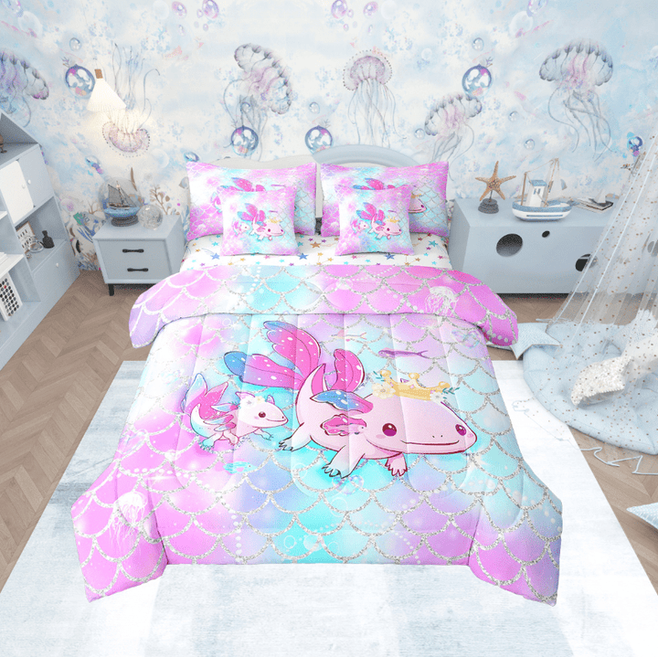 Erosebridal Axolotl Comforter Set Twin 7 Piece Sea Life Ocean Animal Bed in a Bag Coastal Beach Decor,Pink Teal Ombre Fish Scales Bedding Set with 2 Sheets,2 Pillowcases,2 Throw Pillow Covers