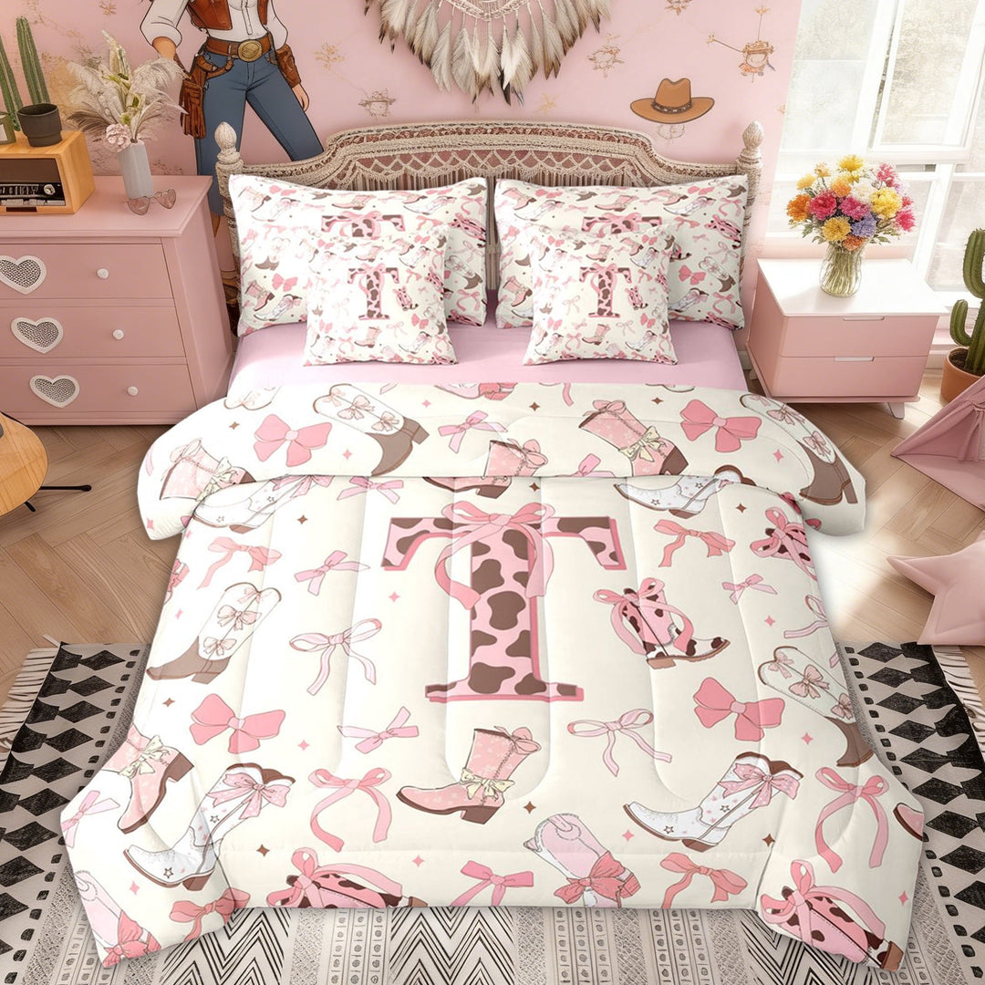 Erosebridal Western Princess Bow Boot Bedding Comforter Set, Cartoon Letter T Full Bedding Set for Girls Kids, Pink Reversible, 7-Piece