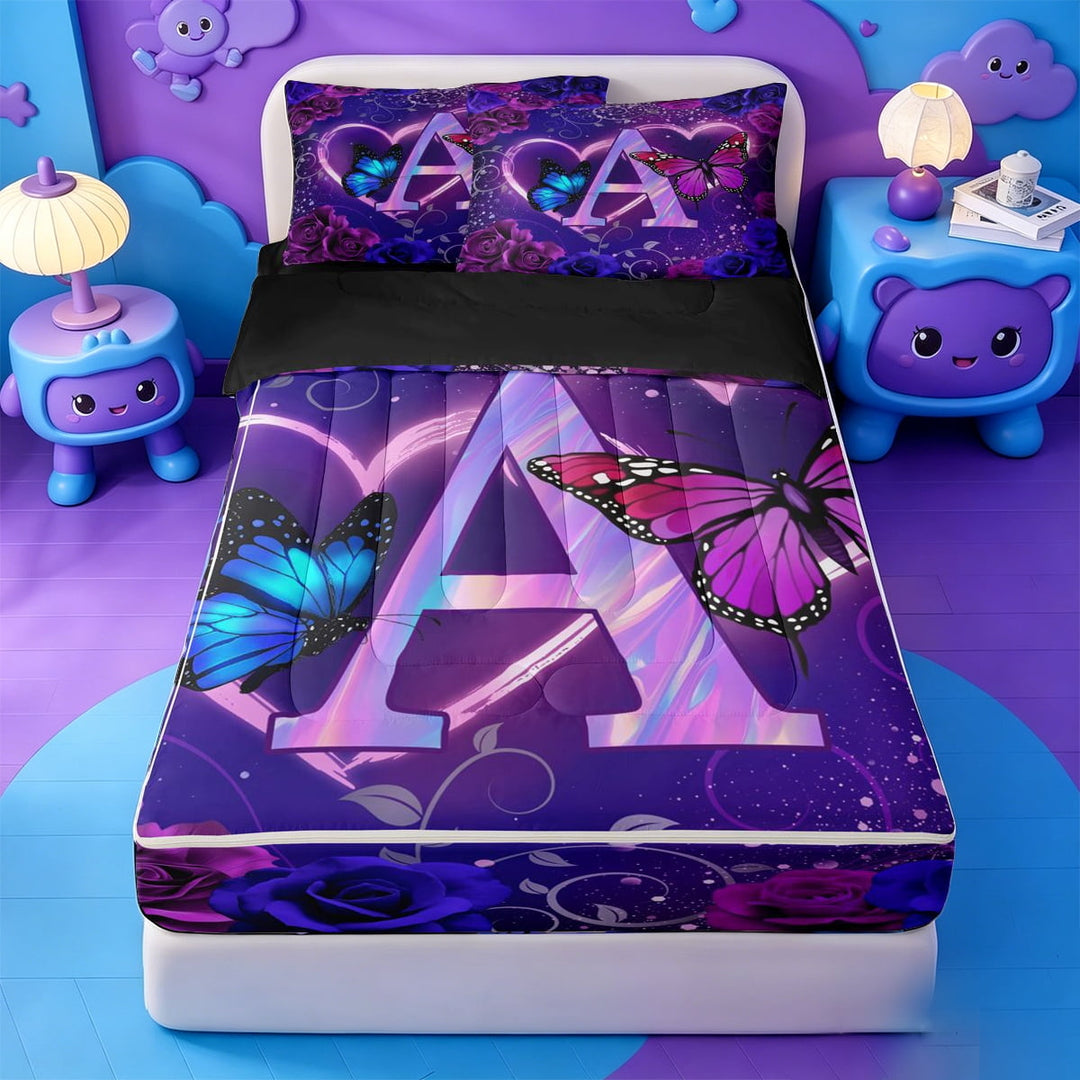 meiyoeat Purple Butterfly Rose Monogram A Zipper Full Size Comforter Sets with Fitted Sheet and 2 Pillowcases,Neon Heart Initial Zipper Bedding Set For Girl,Black Reversible,4 Pieces