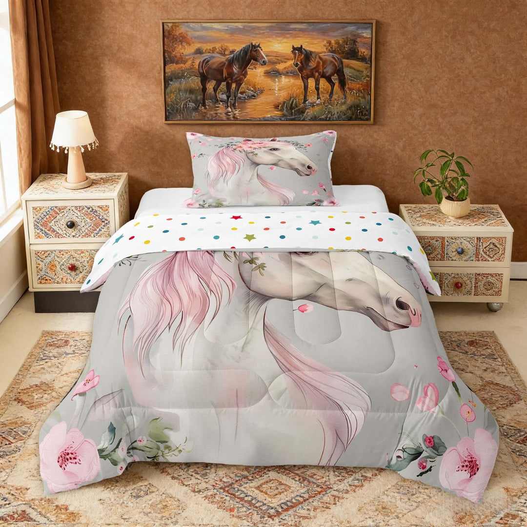 Erosebridal Chic White Horse Twin Comforter Sets for Kids Girls, Pink Floral Flower Bedding Set