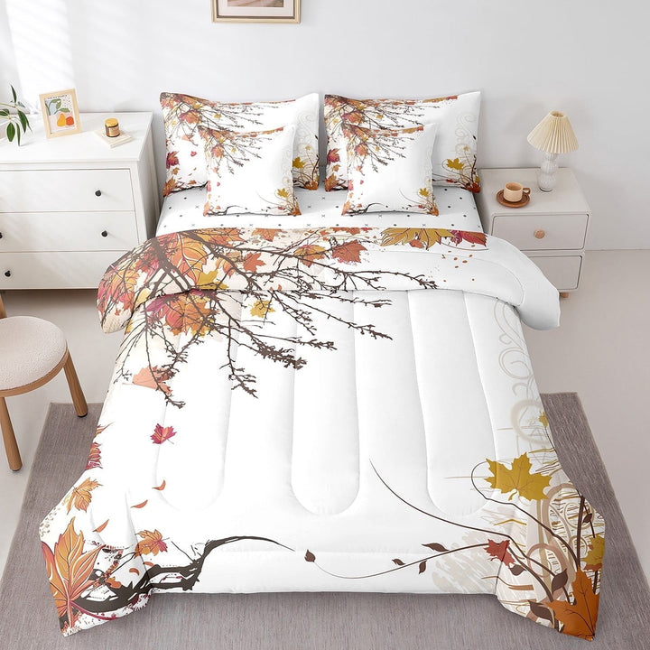Erosebridal 7 Pcs Comforter Set Queen Size,Fall Thanksgiving Bed in a Bag with Flat Sheet and Fitted Sheet,Autumn Maple Leaves Garden Branches Orange Farmhouse Bedding Set with Pillowcase &amp; Sham
