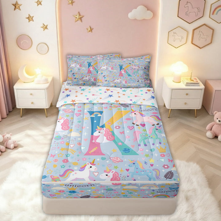 meiyoeat Cute Unicorn K Initial Zipper Comforter Set with Fitted Sheet and 2 Pillowcases for Kids, Cartoon Monogram Zipper Bedding Set, Blue Multicolor, Colorful Star Reversible, 3 Pieces