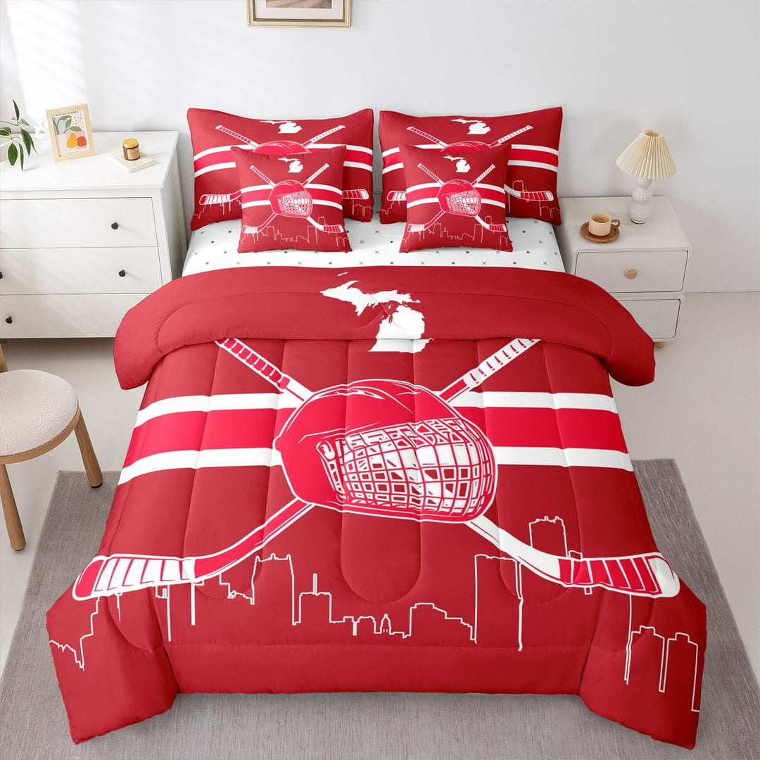Twin Comforter Set - 7 Pieces Ice Hockey Bedding Sets Twin Bed in a Bag with Reversible Hockey Bed Set,Hockey Team City Name Comforter, Sheets, Pillowcases &amp; Shams,Detroit