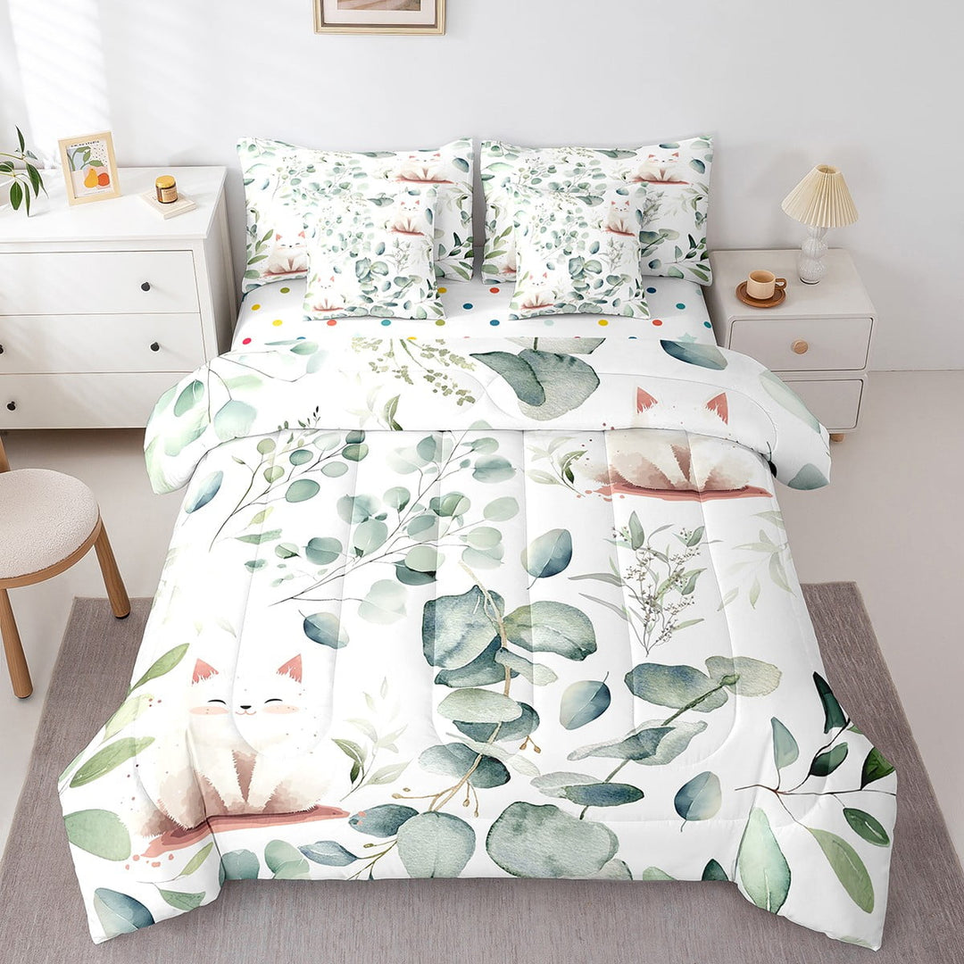 7-Piece Kawaii Cat Bedding Twin Cartoon Animal Comforter Set, Eucalyptus Leaves Bedding Comforter Sets Pet Kitten Bed in a Bag, Tropical Botanical Plants Bedding Accessories