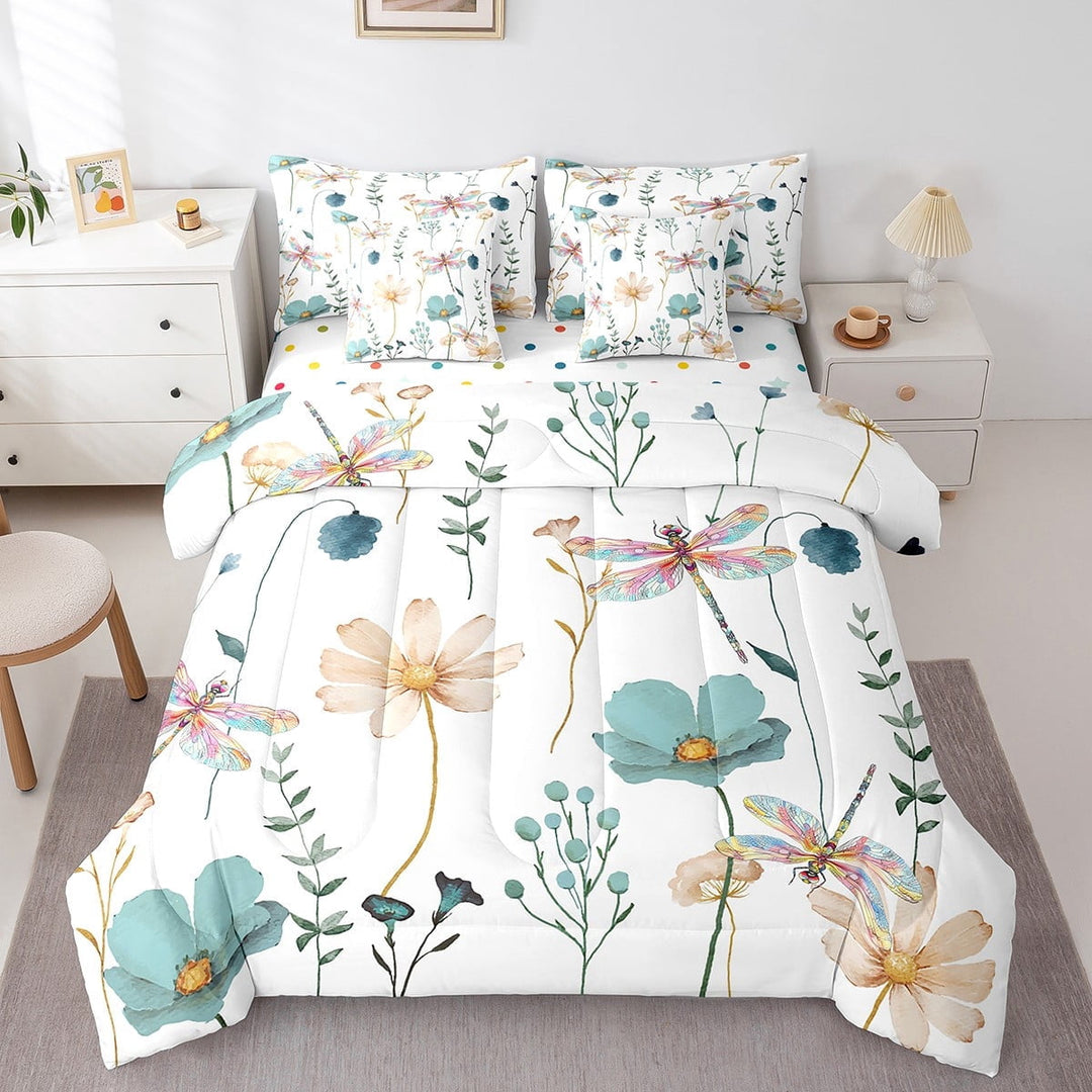 Watercolor Floral Comforter Set Queen Size,Dragonfly Bedding Set Women,Teal Beige Flower Bed In A Bag(Comforter+Fitted+Flat Sheet+2 Pillowcases+2 Throw Pillow Covers) 7 Pieces Bed Set