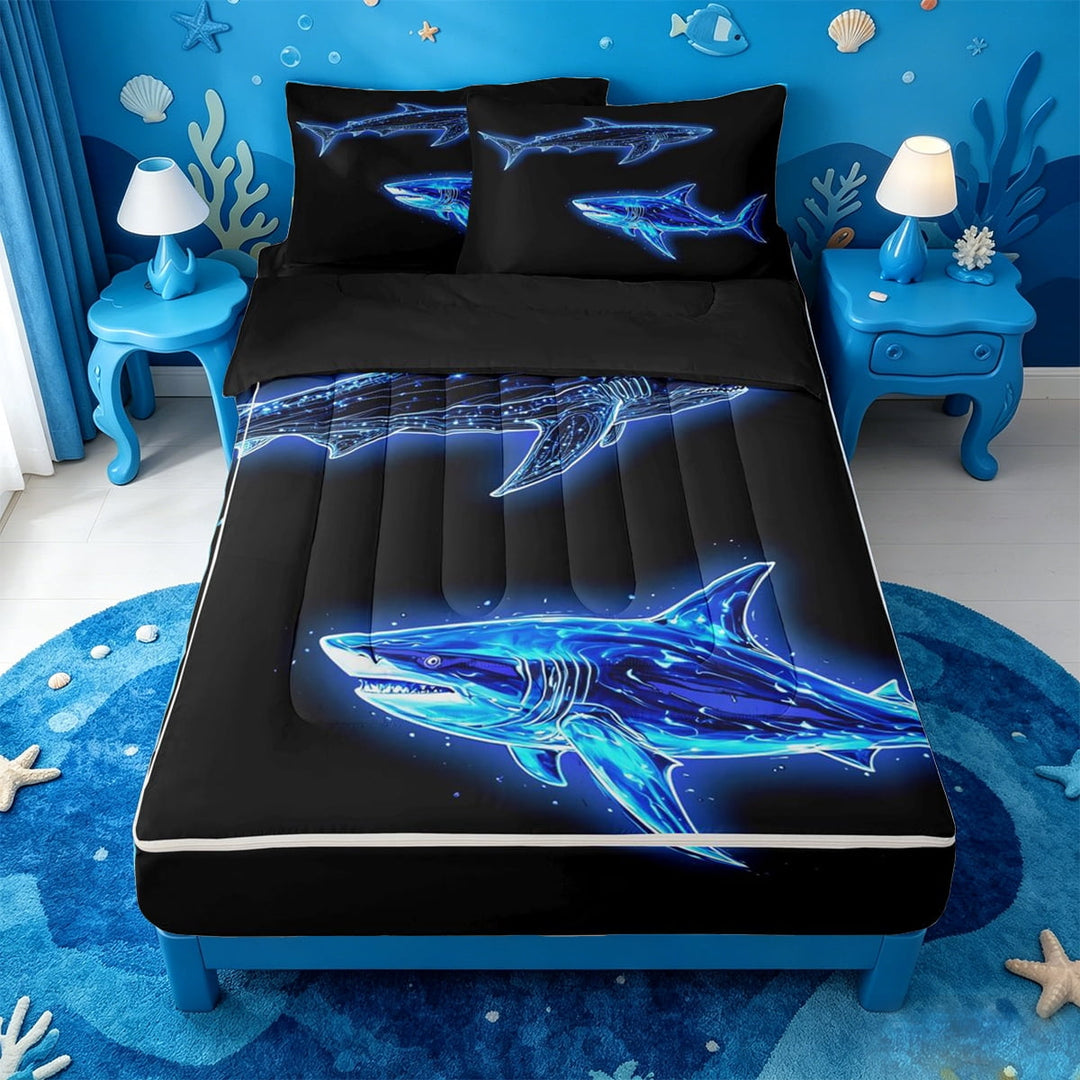 meiyoeat Ocean Themed Zipper Full Size Comforter Sets with Fitted Sheet and 2 Pillowcases For Kids,Cute Sea Animal Shark Zipper Bedding Set For Boys,Black Reversible,4-Piece