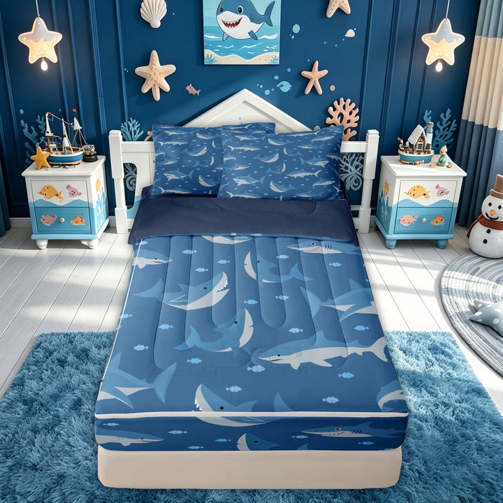 meiyoeat Blue Ocean Shark Zipper Comforter Set with Fitted Sheet and 2 Pillowcases for Kids Boys, Cartoon Marine Animal Zipper Bedding Set, Blue Reversible, 3 Pieces