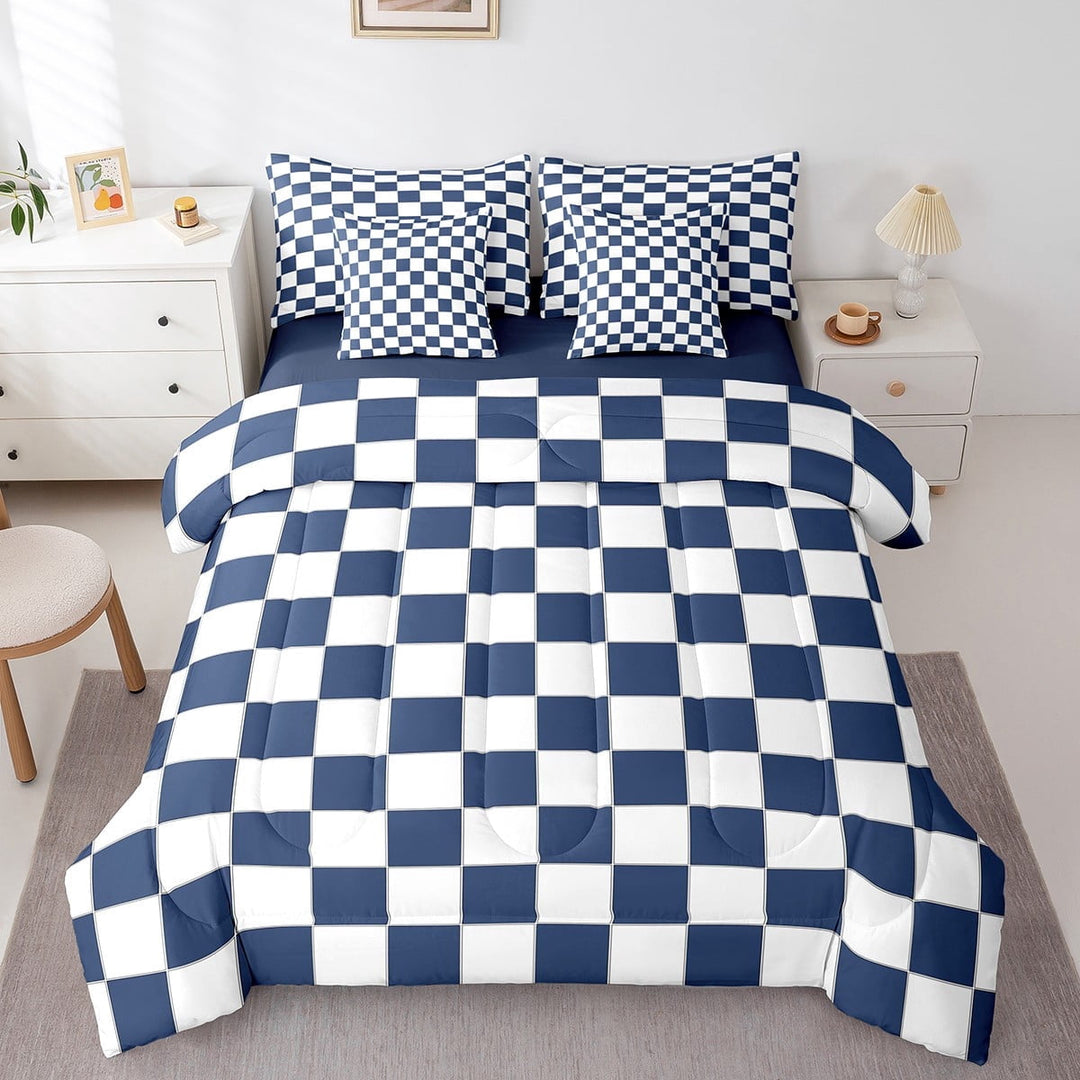 Erosebridal White Blue Plaid Twin Comforter Set With Sheets 7 Piece Navy Blue Checkerboard Bedding Set Teen,Checkered Grid Bed In A Bag Modern Aesthetic Geometric Bed Set