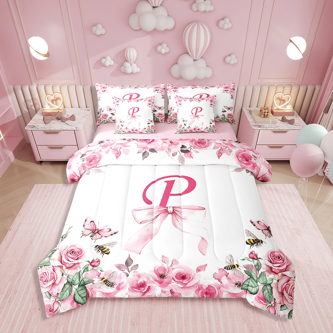 Erosebridal 7Pcs Initial Letter Bedding Set for Princess,Twin Size Comforter Set with Sheets and Pillowcase,7Pcs Bed in a Bag,Bowknot Alphabet Bed Set,A-Z Comforter