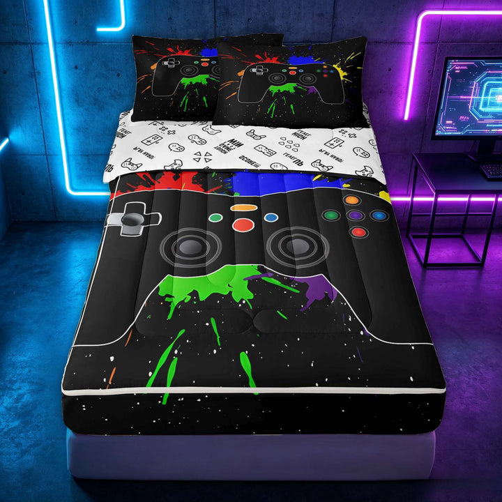 meiyoeat Graffiti Splash Game Controller Zipper Full Size Comforter Sets with Fitted Sheet and 2 Pillowcases for Boys Teens, Colorful Graffiti Gaming Console Zipper Bedding Set, Gamepad Reversible