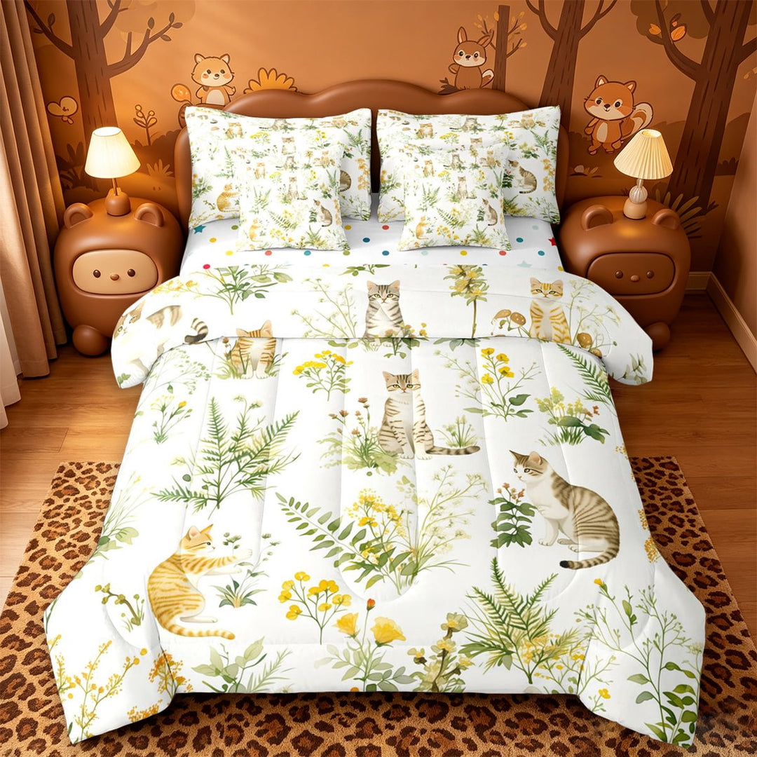 meiyoeat cute Kawaii 7 Pieces Full Size Bedding Sets,Green Rustic Botanical Full Size Bed in a Bag,Reversible