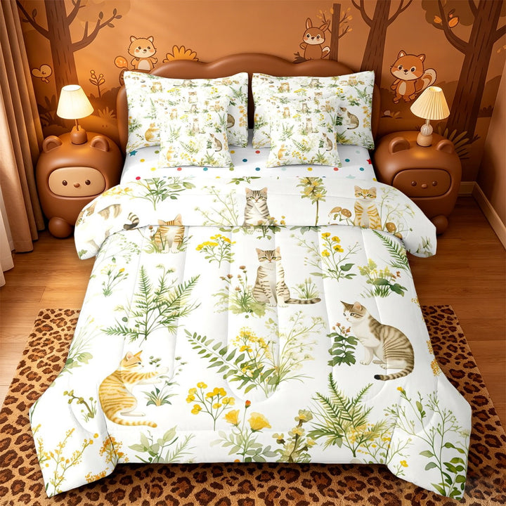 meiyoeat cute Kawaii 7 Pieces Full Size Bedding Sets,Green Rustic Botanical Full Size Bed in a Bag,Reversible