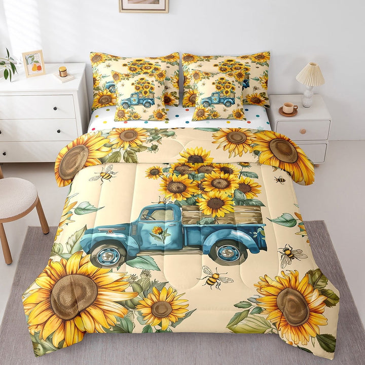 Erosebridal Vibrant Sunflower Bedding Sets Queen Size, Rustic Truck Comforter Sets with Sheets, Spring Floral Reversible Bed Set, Microfiber Room Decor, 7pcs
