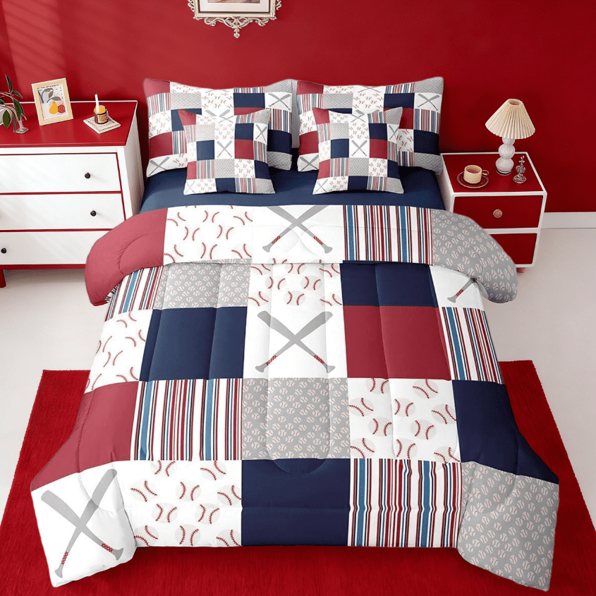 Manfei Baseball Sports Game 7 Pieces Bedding Comforter Set,Baseball Gaming Gift Full Bedding Set For Baseball Lover Reversible