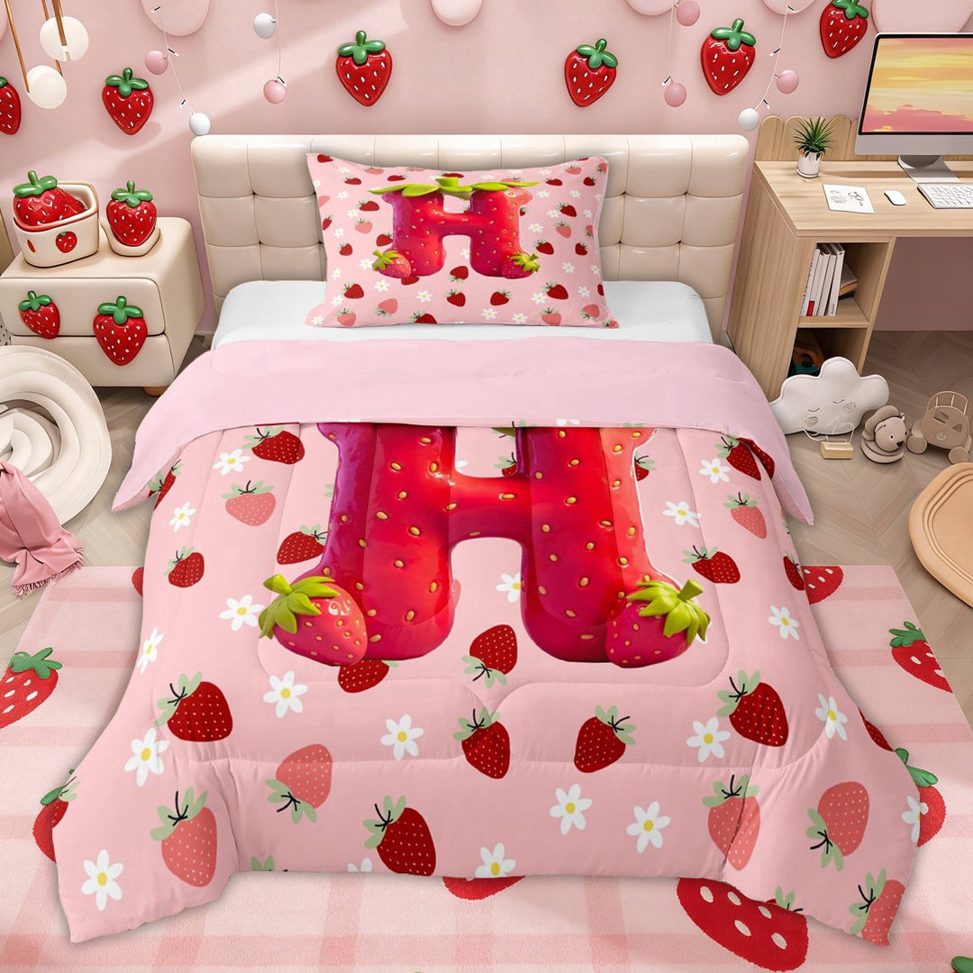 Erosebridal Pink Strawberry Kids Twin Comforter Sets, Cute Initial H Letter Bedding Set, Pink Reversible, 2-Piece