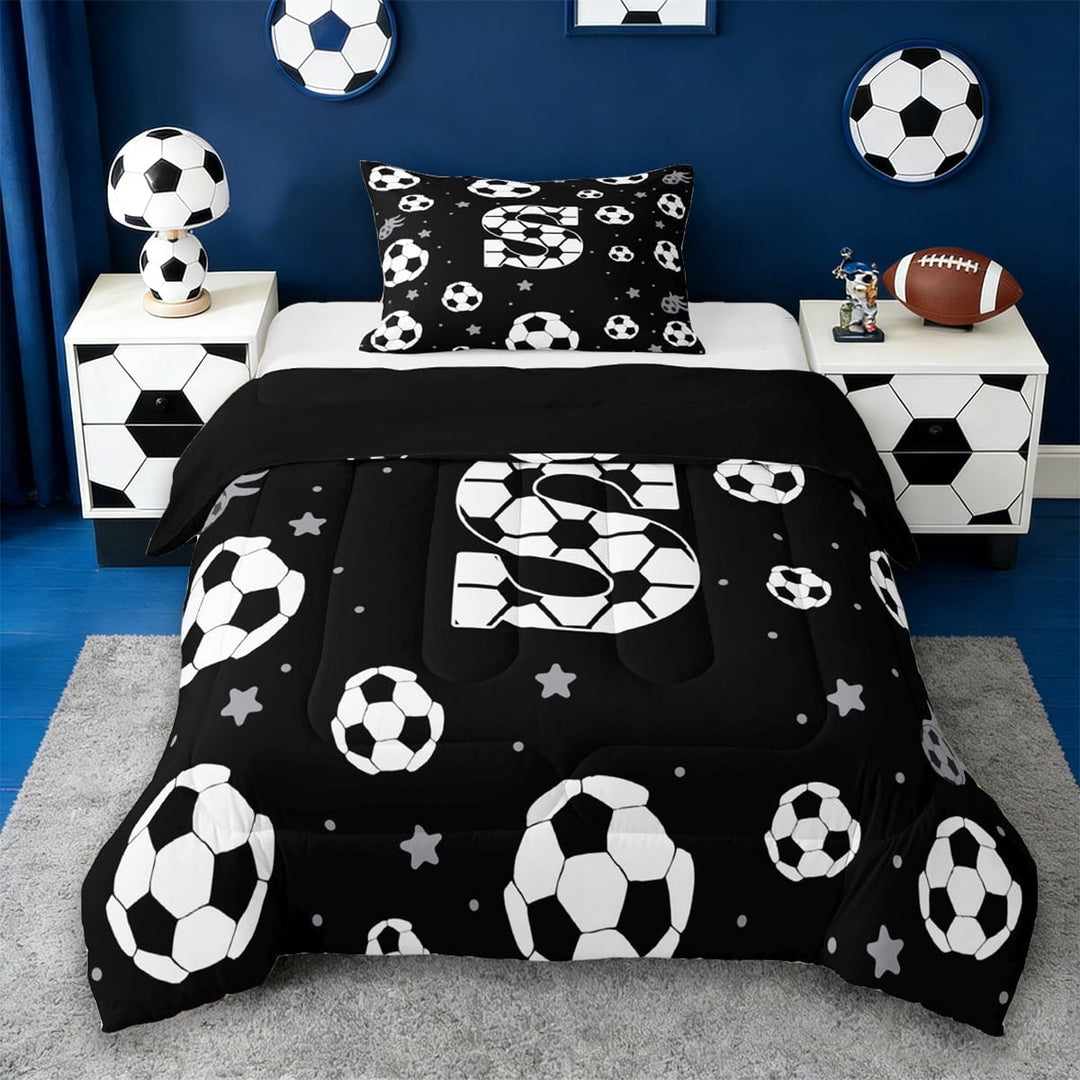Erosebridal Initial Alphabet S Twin Comforter Sets,Ball Sport Games Theme Kids Bedding Set For Football Boys,Reversible Black 2 Pieces